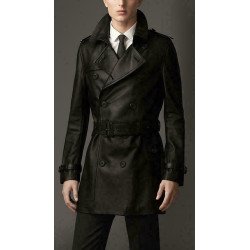 Leather Trench Long Coat For Men's Genuine Lambskin Raincoat Overcoat
