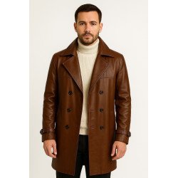 Mens Brown Genuine Leather Trench Coat Long Coat Matrix Coat Winter Jacket Coat