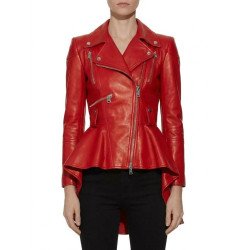 Women's Biker Style Peplum Red Leather Jacket