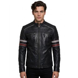 Men’s Black Red & White Stripes Moto Leather Jacket