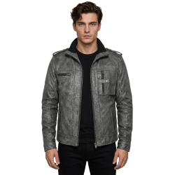 Men's Gray Distressed Leather Military Jacket