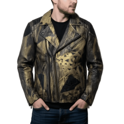 Men's Black Gold Studded Leather Biker Jacket