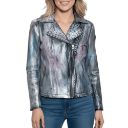 Metallic Hand Painted Real Leather Biker Jacket