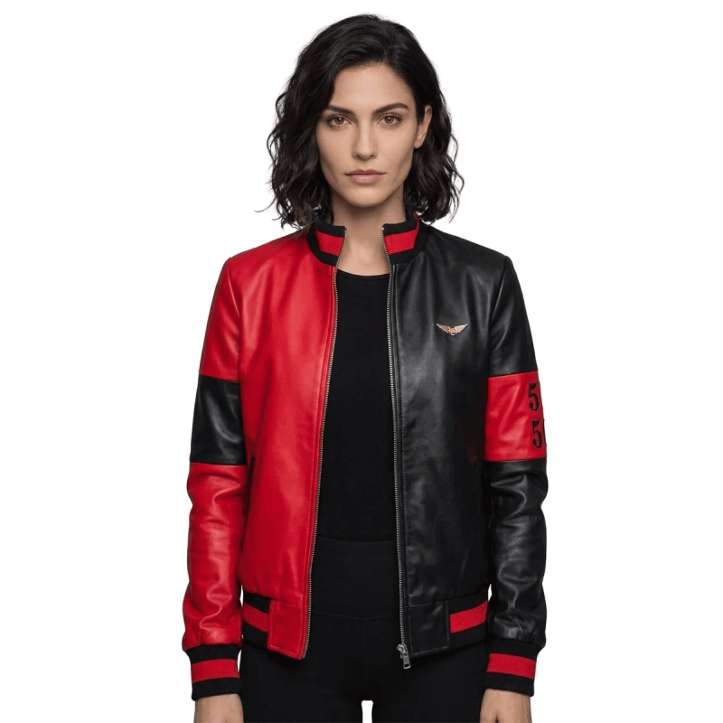 51 50 Bomber Black Red Leather Jacket Women