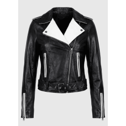 Women's Black White Two-Tone Leather Biker Jacket