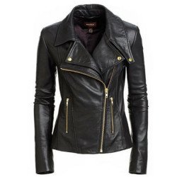 New Women's Black Slim Fit Biker Style Real Leather Jacket